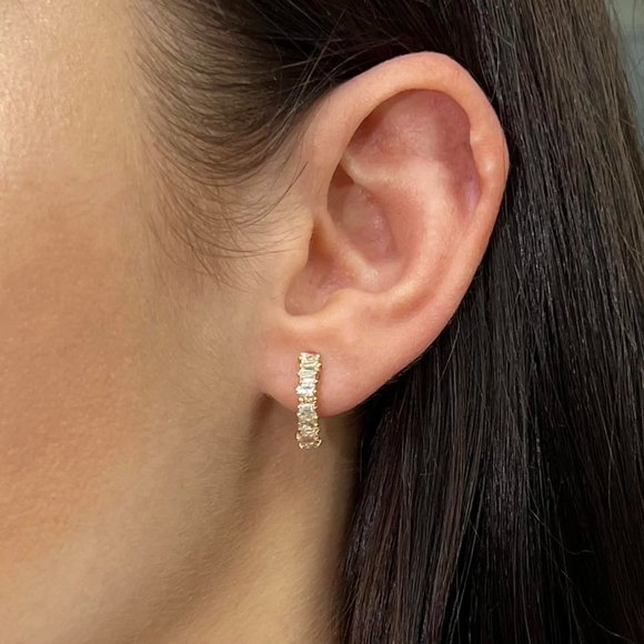 0.72Cttw Prong Set Tapered Baguette Cut Diamond Huggie 18K Yellow Gold - Picture 1 of 5